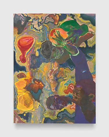 Abstract painting with swirling vibrant colors and figures, featuring bold reds, oranges, blues, and greens.
