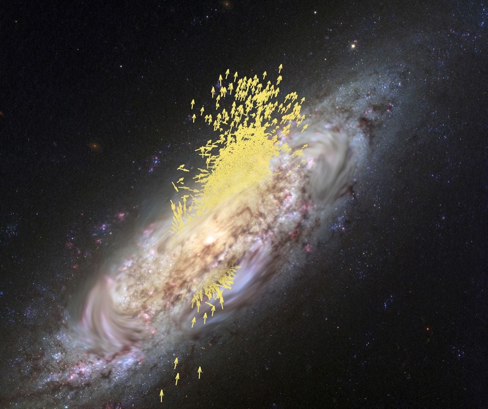 This image shows the evidence for the Gaia Enceladus Sausage merger with the Milky Way. The yellow arrows show the motion of stars from the dwarf galaxy. The Gaia spacecraft measured these stellar kinematics to detect the ancient merger, and now new research has determined the timing of that merger with greater accuracy. Image Credit: ESA (artist’s impression and composition); Koppelman, Villalobos and Helmi (simulation); NASA/ESA/Hubble (galaxy image). LICENCE: CC BY-SA 3.0 IGO