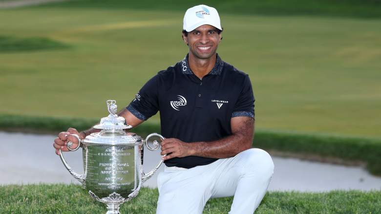 Aaron Rai of England celebrates with The Wanamaker Trophy after victo during the final round of the PGA Championship at Aronimink Golf Club on May 17, 2026 in Newtown, Pennsylvania