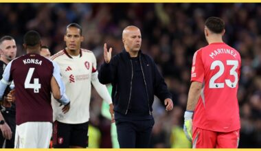 Liverpool head coach Arne Slot shakes hands with Emi Martinez.