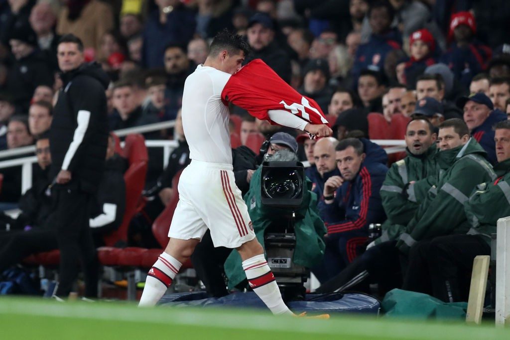 Granit Xhaka of Arsenal leaves the pitch after being substituted off during the Premier League match between Arsenal FC and Crystal Palace at Emirates Stadium on October 27, 2019, in London, United Kingdom. (Photo by Alex Morton/Getty Images)