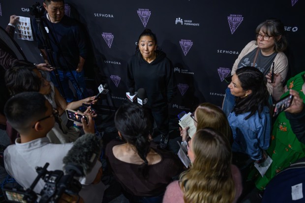 Golden State Valkyries head coach Natalie Nakase answers questions from the media during the team's first day of training camp at the Sephora Performance Center in Oakland, Calif., on Sunday, April 19, 2026. (Jose Carlos Fajardo/Bay Area News Group)