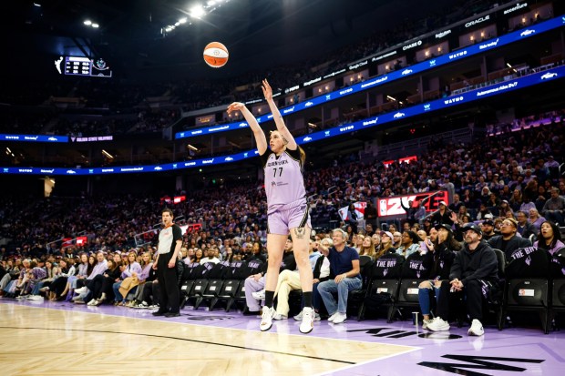 Golden State Valkyries' Marta Suarez (77) takes a shot against the Seattle Storm in the first quarter at Chase Center in San Francisco, Calif., on Saturday, April 25, 2026. (Shae Hammond/Bay Area News Group)