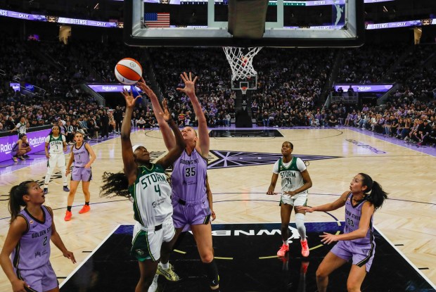 Seattle Storm's Flau'jae Johnson (4) takes a shot against Golden State Valkyries' Cate Reese (35) at Chase Center in San Francisco, Calif., on Saturday, April 25, 2026. (Shae Hammond/Bay Area News Group)