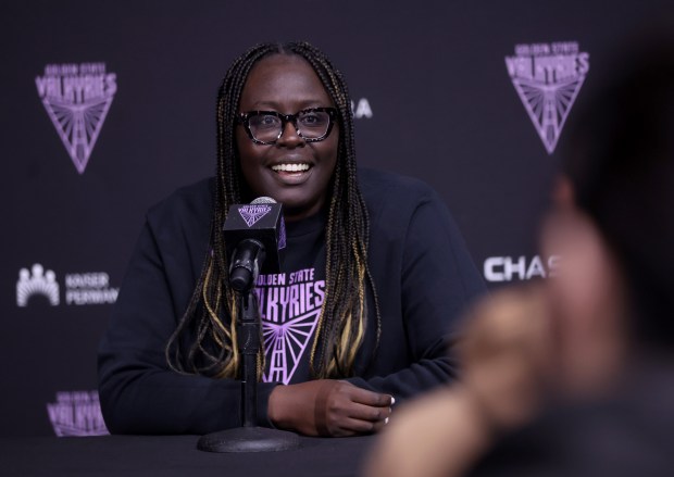 Golden State Valkyries general manager Ohemaa Nyanin takes questions during their media day at the Sephora Performance Center in Oakland, Calif., on Tuesday, May 5, 2026.