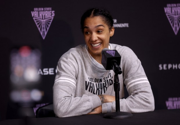 Golden State Valkyries' Gabby Williams reacts during their media day at the Sephora Performance Center in Oakland, Calif., on Tuesday, May 5, 2026. (Jane Tyska/Bay Area News Group)