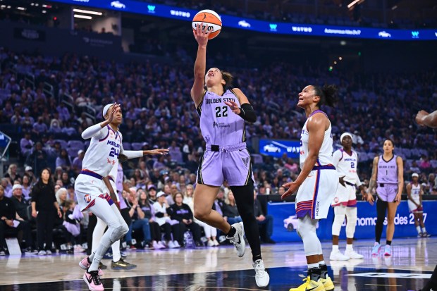 Golden State Valkyries guard Veronica Burton (22) goes up for a basket against the Phoenix Mercury in the first quarter of their WNBA game at Chase Center in San Francisco, Calif., on Sunday, May 10, 2026. (Jose Carlos Fajardo/Bay Area News Group)
