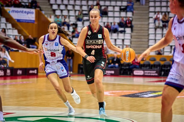 Juste Jocyte of Spar Girona and Angela Salvadores of Lointek Gernika Bizkaia in action during match of the Spanish Women's Basketball League, Liga Femenina Endesa, gameday 23 between Spar Girona and Lointek Gernika Bizkaia at Fontajau Pavilion on February 28, 2026 in Girona, Spain. (Photo by David Pastor Andres / SOPA Images/Sipa USA)(Sipa via AP Images)