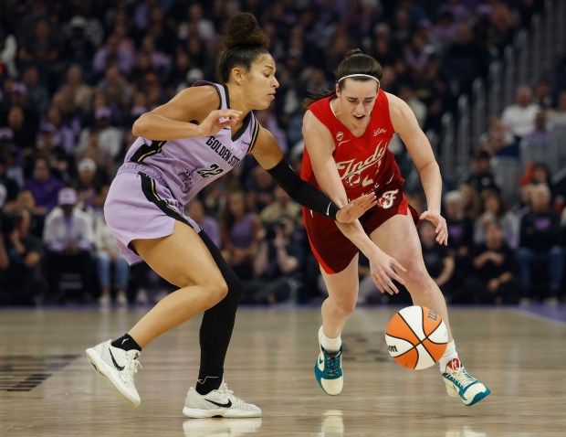 Golden State Valkyries' Veronica Burton (22) guards against Indiana Fever's Caitlin Clark (22) in the first quarter at the Chase Center in San Francisco, Calif., on Thursday, May 28, 2026. (Nhat V. Meyer/Bay Area News Group)