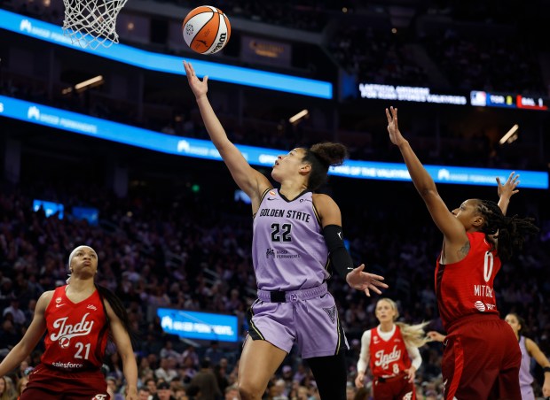 Golden State Valkyries' Veronica Burton (22) scores a basket against the Indiana Fever in the fourth quarter at the Chase Center in San Francisco, Calif., on Thursday, May 28, 2026. (Nhat V. Meyer/Bay Area News Group)