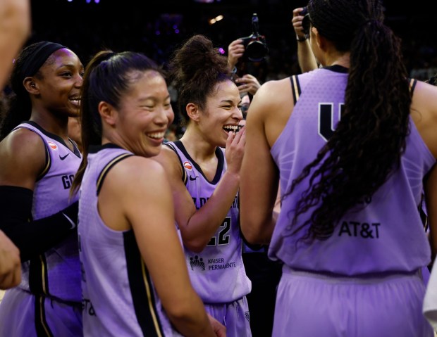 Golden State Valkyries' Veronica Burton (22) celebrates with teammates after their 90-88 win over the Indiana Fever at the Chase Center in San Francisco, Calif., on Thursday, May 28, 2026. (Nhat V. Meyer/Bay Area News Group)