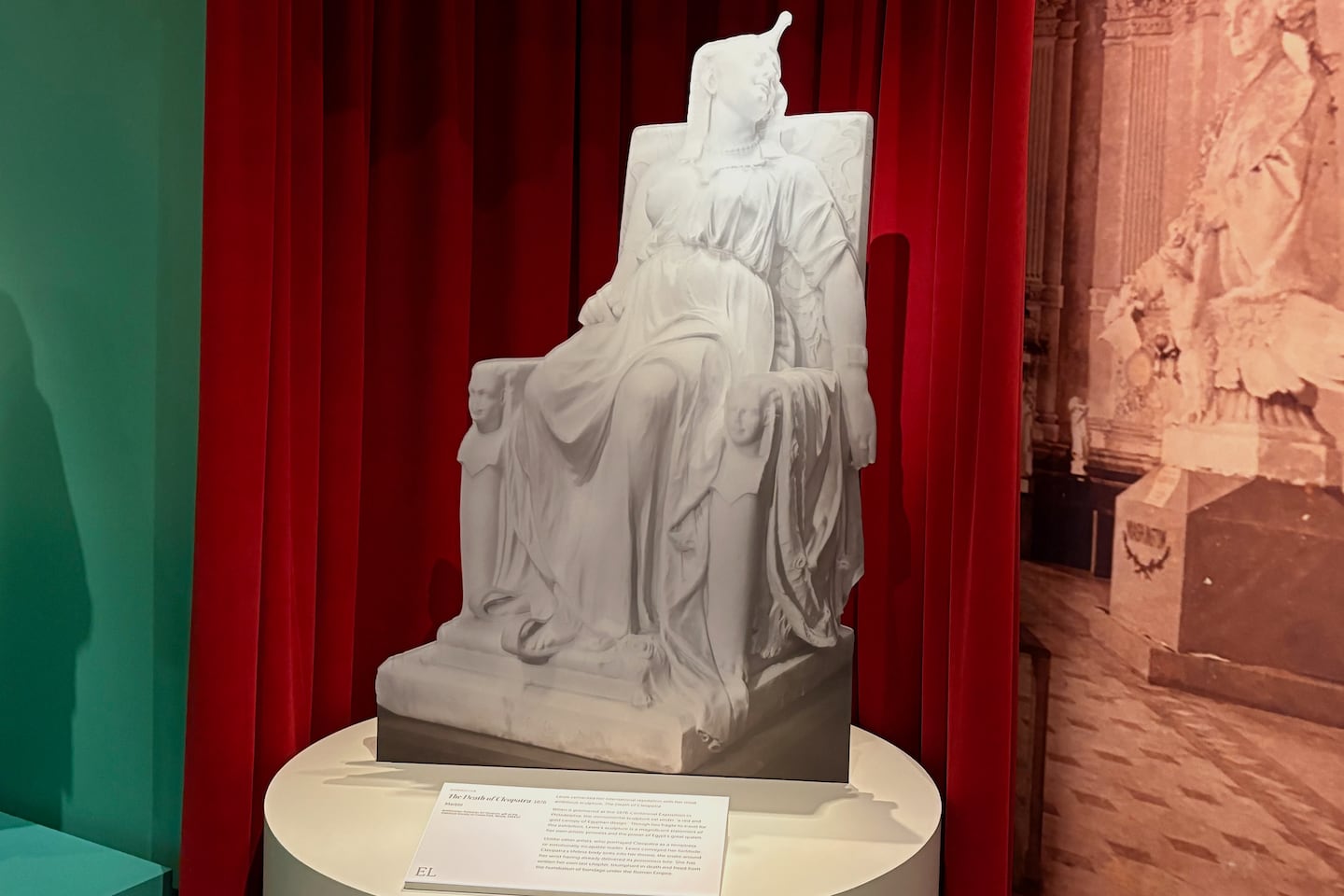 The cardboard cut-out placeholder at the Peabody Essex Museum of Edmonia Lewis's "The Death of Cleopatra," which can't be moved from its permanent home at the Smithsonian Museum of American Art in Washington, D.C.