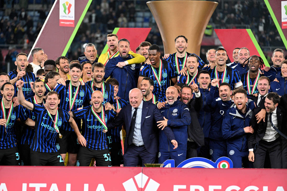 ROME, ITALY - MAY 13: Ceo of FC Internazionale Giuseppe Marotta celebrates with team after winning the Coppa Italia final match between SS Lazio and FC Internazionale at Stadio Olimpico on May 13, 2026 in Rome, Italy. (Photo by Marco Rosi - SS Lazio/Getty Images)