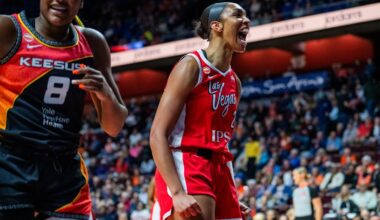 Center A'ja Wilson reacts during the first half of the Las Vegas Aces 101-94 WNBA victory over the host Connecticut Sun Friday night at Mohegan Sun Arena.