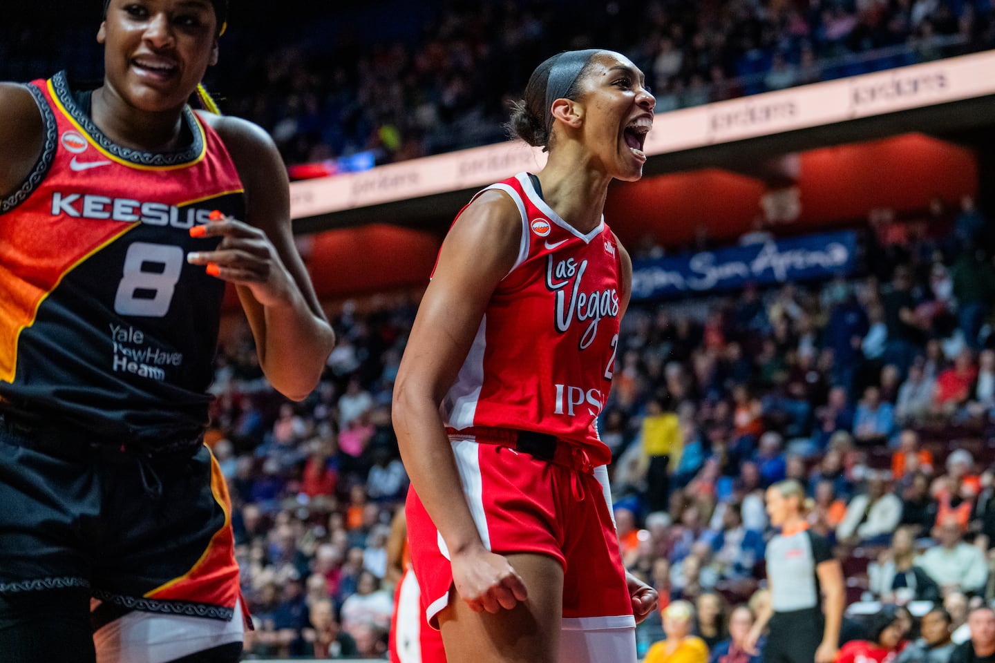 Center A'ja Wilson reacts during the first half of the Las Vegas Aces 101-94 WNBA victory over the host Connecticut Sun Friday night at Mohegan Sun Arena.