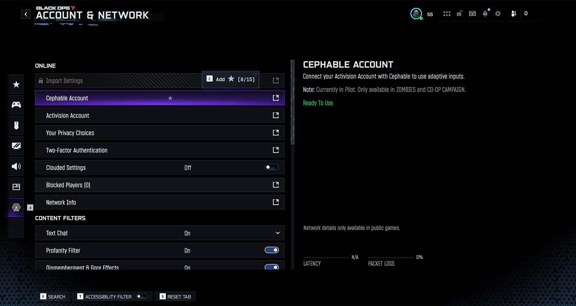 Screenshot of the Call of Duty: Black Ops 7 ‘Account & Network’ settings menu with ‘Cephable Account’ highlighted. The right panel explains connecting an Activision account with Cephable to use adaptive inputs, with a status message reading ‘Ready To Use.’