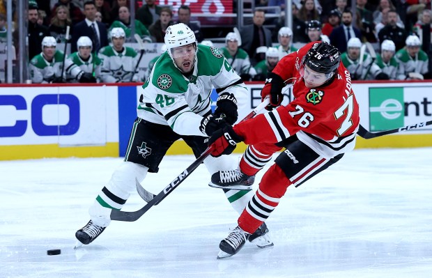 Blackhawks left wing Nick Lardis takes a shot on goal in the first period against the Stars on Jan. 1, 2026, at the United Center. (Chris Sweda/Chicago Tribune)
