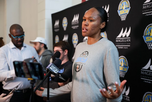 Sky forward Azurá Stevens answers questions after practice April 20, 2026, at the UIC Flames Athletic Center. (Eileen T. Meslar/Chicago Tribune)