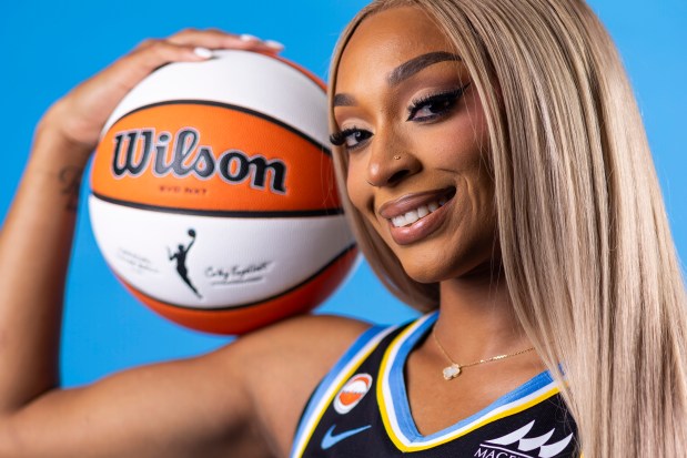 Chicago Sky guard-forward DiJonai Carrington sits for a photo on media day at The Fields Studios on April 30, 2026, in Logan Square. (Eileen T. Meslar/Chicago Tribune)