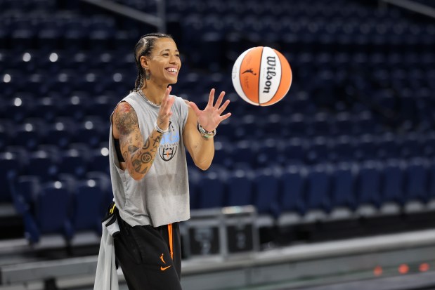 Chicago Sky guard Natasha Cloud shoots around during practice on May 20, 2026, at Wintrust Arena. (Eileen T. Meslar/Chicago Tribune)