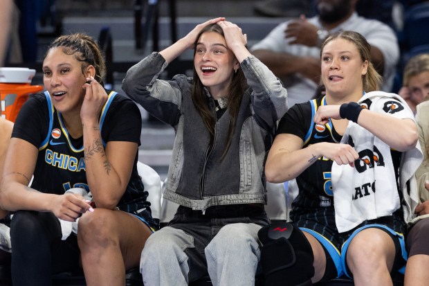 Sky center Kamilla Cardoso, from left, guard Gabriela Jaquez and guard Rachel Banham react on the bench in the second quarter against the Toronto Tempo on Wednesday, May, 27, 2026, at Wintrust Arena. (Josh Boland/Chicago Tribune)