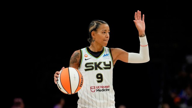 Chicago Sky guard Natasha Cloud brings the ball upcourt against the Phoenix Mercury on Friday, May 15, 2026, in Phoenix. (Ross D. Franklin/AP)