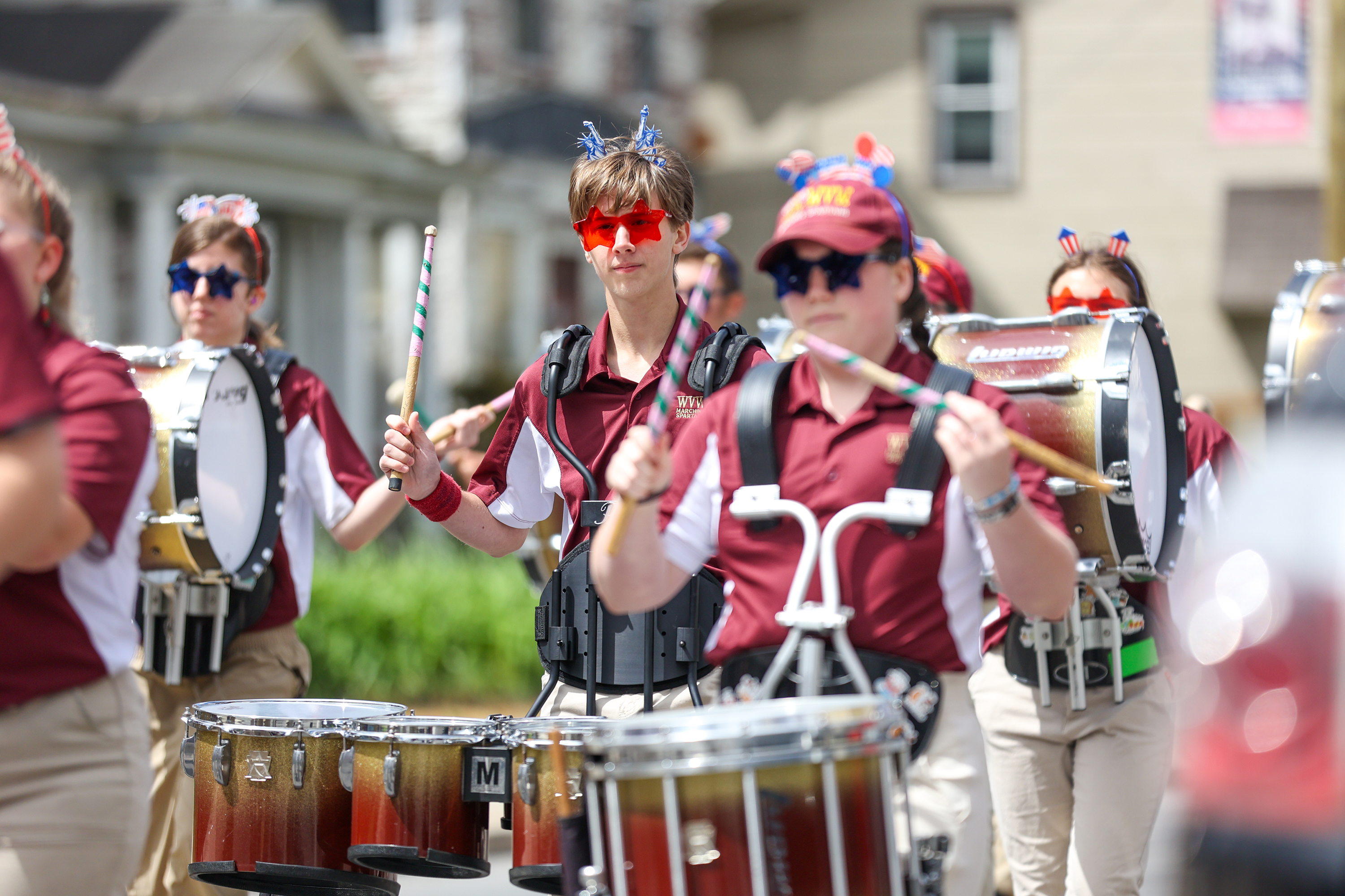 Members of the Wyoming Valley West Marching Band perform during...