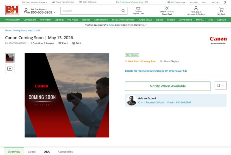 A screenshot of a B&H product page for "Canon Coming Soon | May 13, 2026," featuring a man holding a camera at sunset, with Canon branding and a "Notify When Available" button.