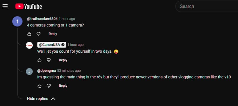 A YouTube comment thread discusses upcoming camera releases. One user asks if there will be 4 or 1 camera. CanonUSA replies, “We’ll let you count for yourself in two days.” Another user speculates about future vlogging cameras.