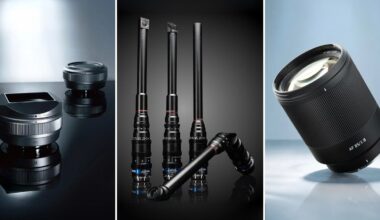 A trio of images showing different camera lenses: a compact lens with a wide mount, three tube-shaped macro probe lenses, and a large telephoto lens on a reflective surface, all against a blue-grey background.