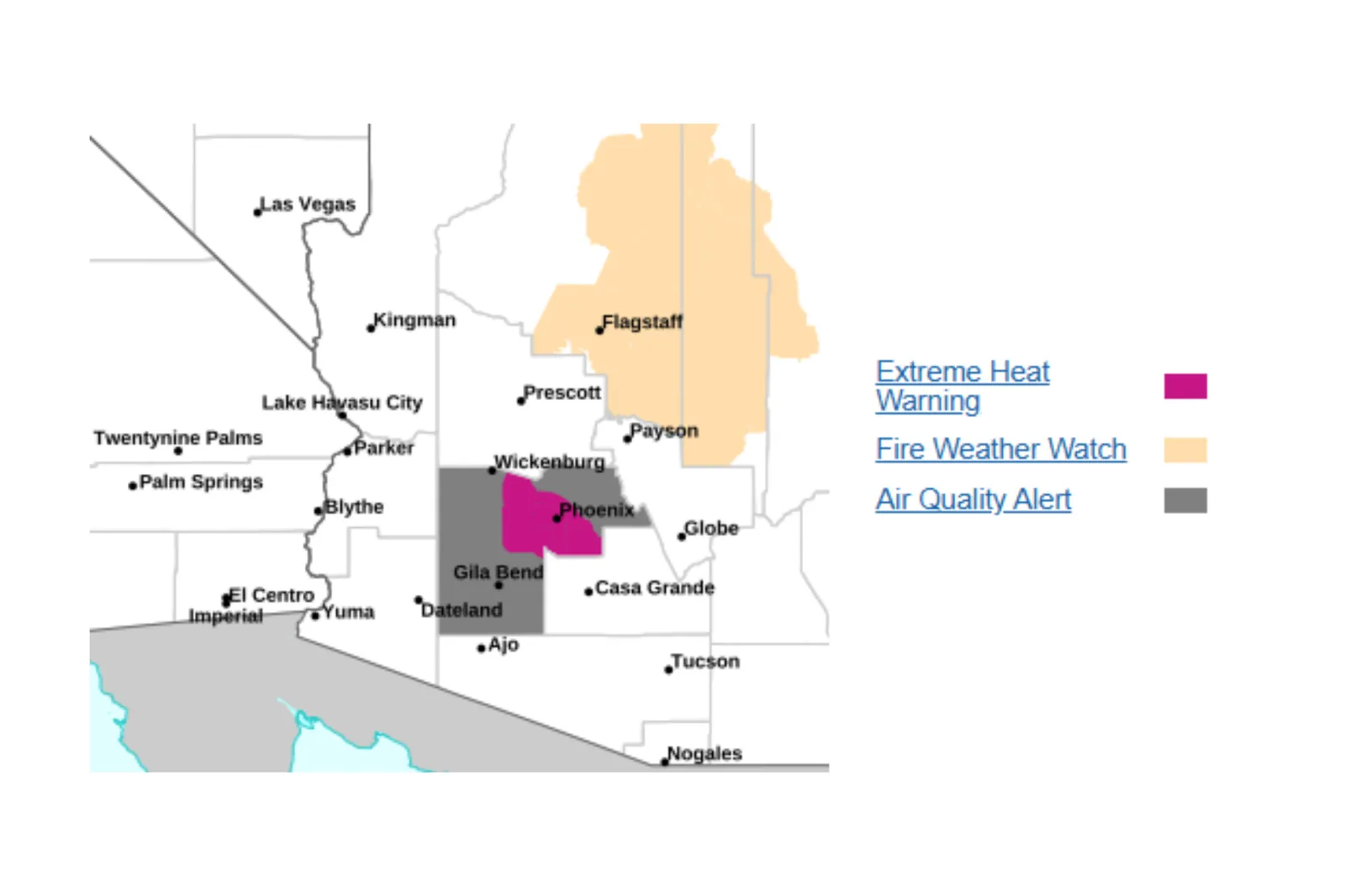 Map showing areas affected by air quality alerts and extreme heat in Arizona, through Tuesday, May 12, 2026 | NWS