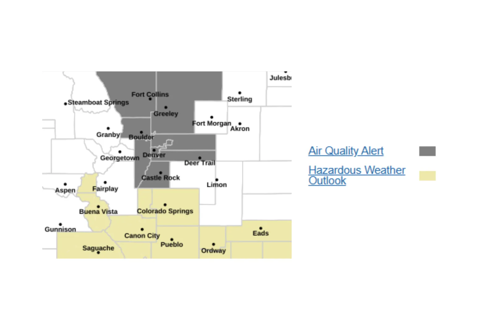 Map showing areas affected by poor air quality in Colorado, though Tuesday, May 12, 2026 | NWS