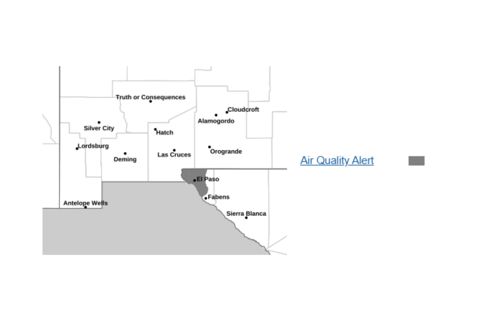 Map showing an area of ozone pollution over the El Paso area in Texas through Tuesday, May 12, 2026 | NWS