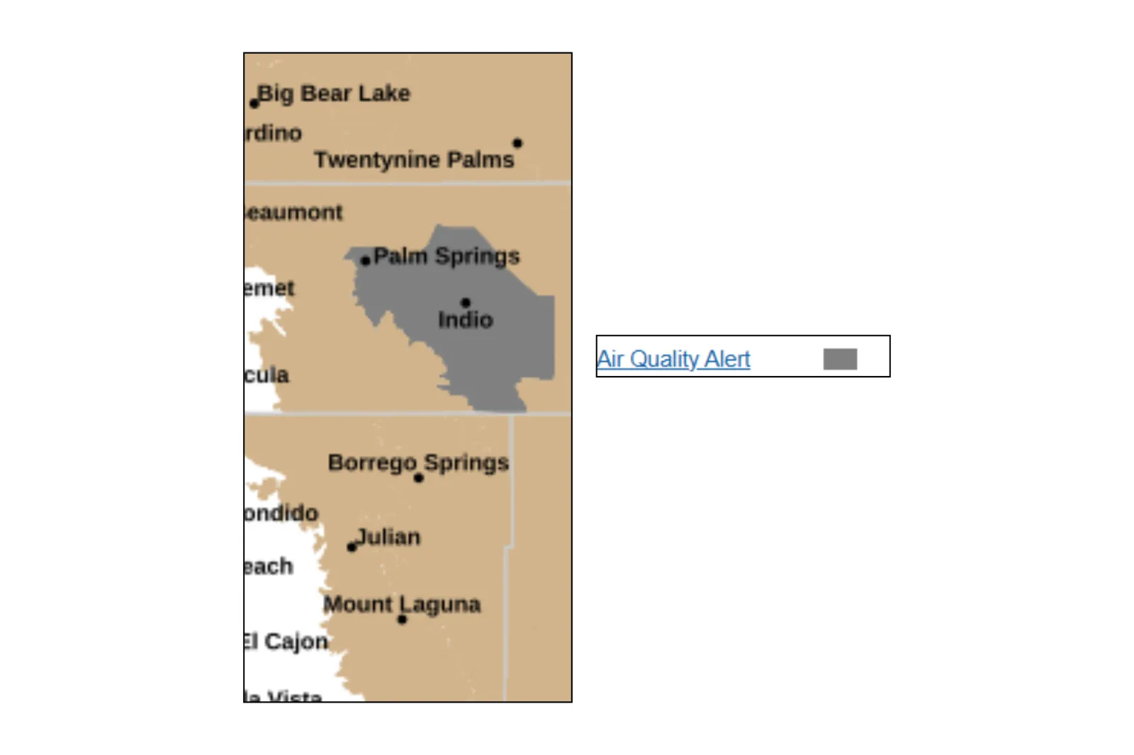 Map showing areas across southern California affected by poor air quality.