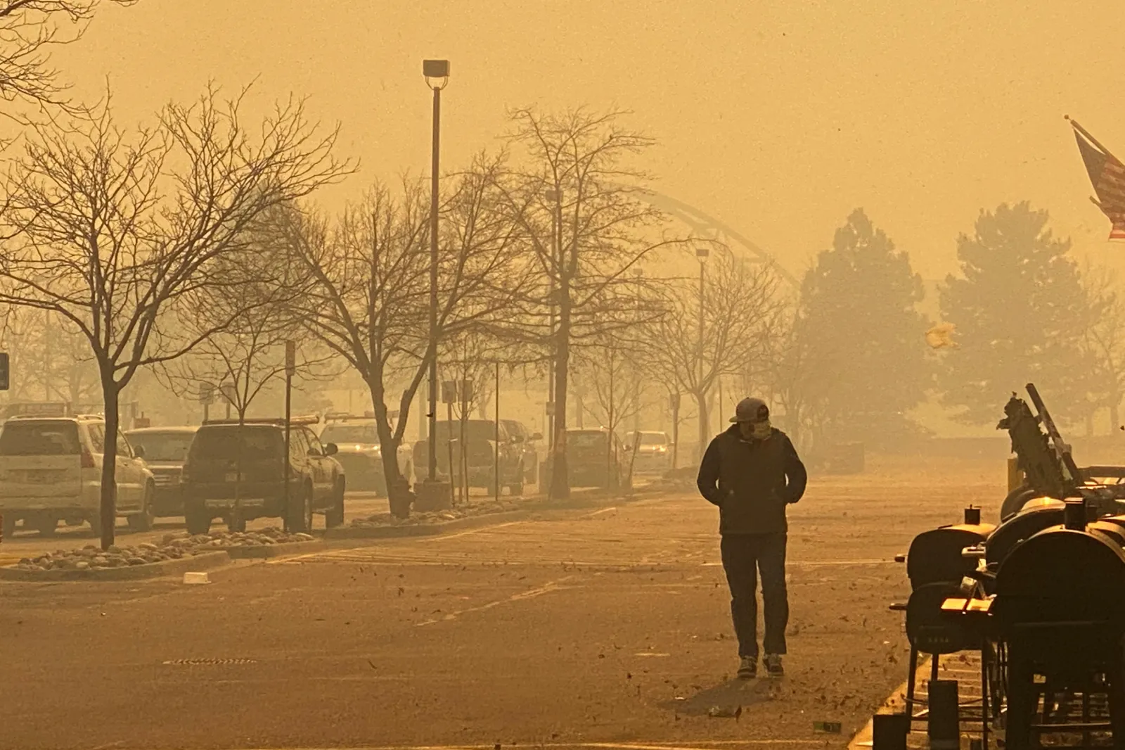 The Marshal Fire in Louisville, Colorado, on December 30, 2021, caused smoke and ash, turning a normally blue sky into orange.