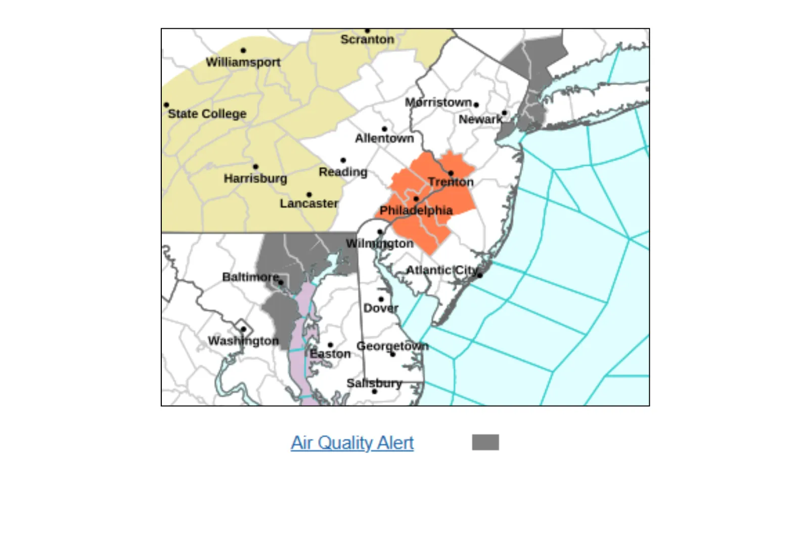 Map showing areas in Maryland impacted by poor air quality through Monday, May 18, 2026 | NWS