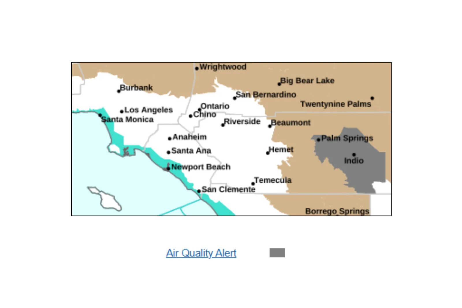 Map showing areas in southern California which are impacted by particle pollution on Monday, May 18, 2026 | NWS
