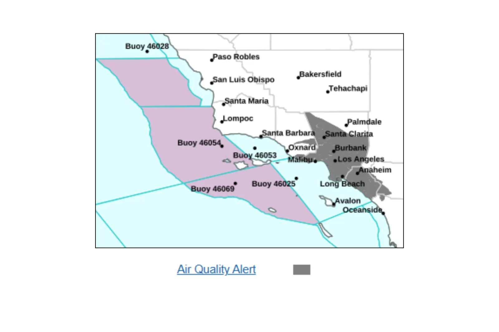 Map showing areas affected by air quality alerts in California.