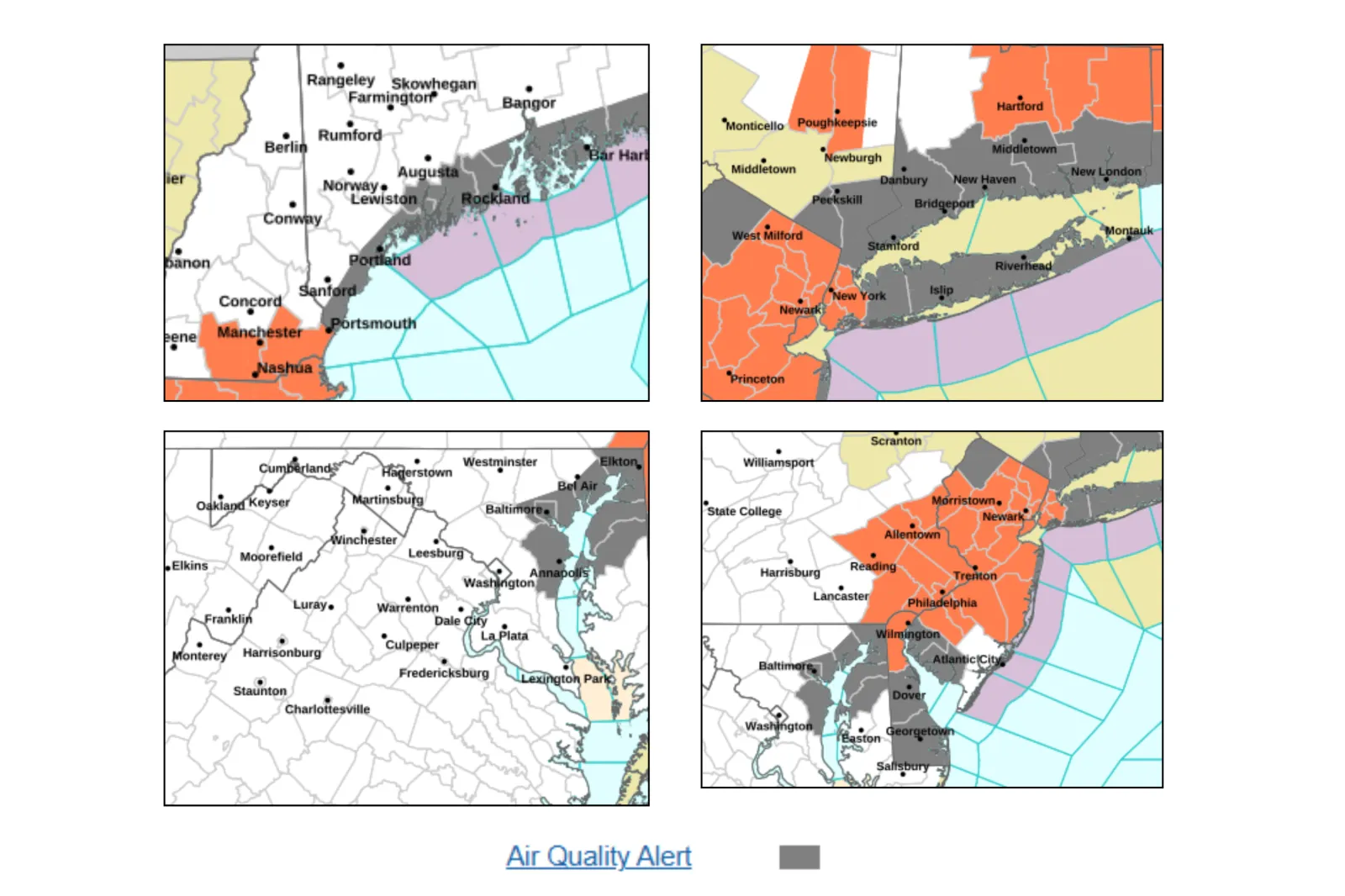 Map showing poor air quality across the East.