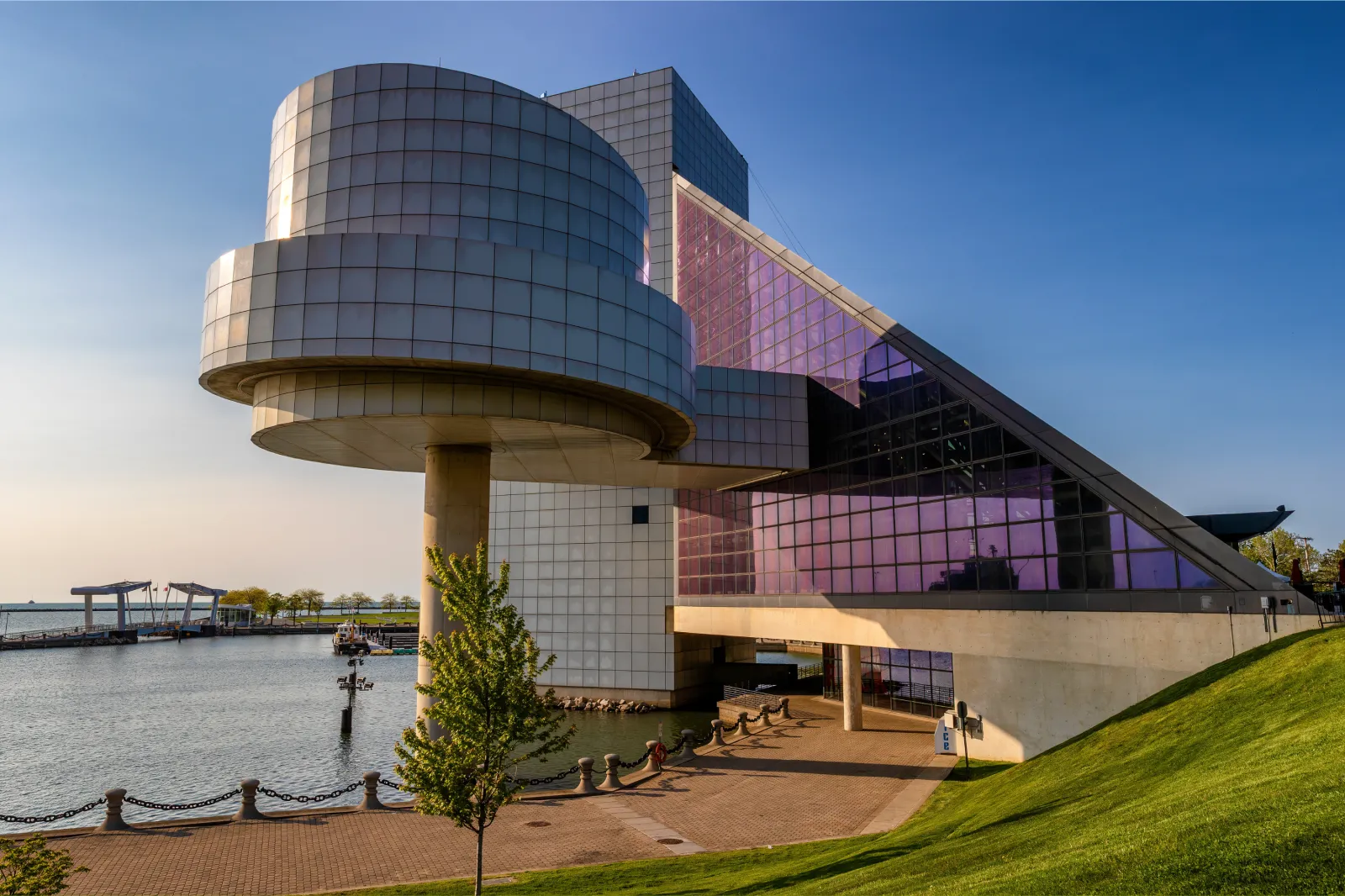 The Rock and Roll Hall of Fame building on the Cleveland waterfront of Lake Erie in 2023.