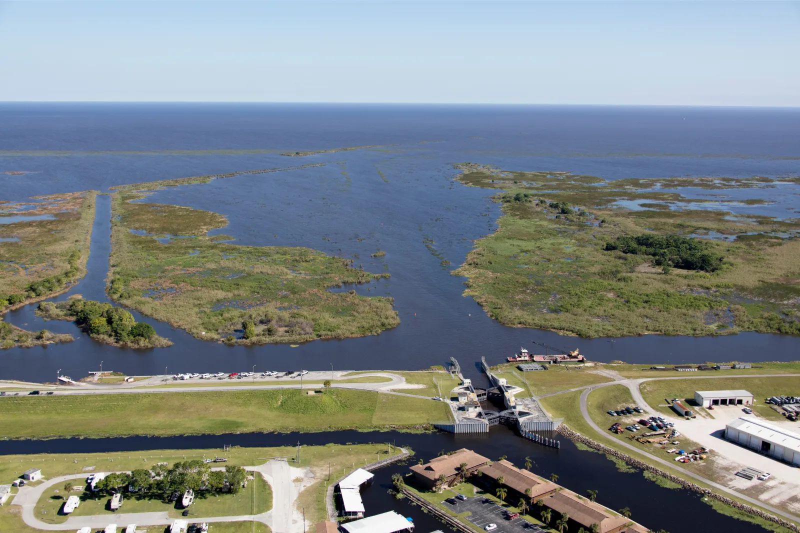 Aerial photograph of the Clewiston Locks on Lake Okeechobee in 2017.