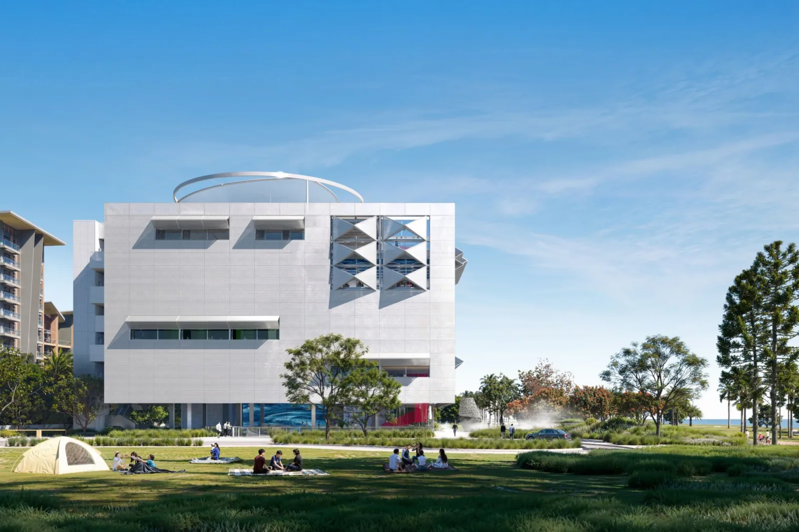 The design firm said: "The translucent double-skin facade can open and close, adding a sense of drama to the coastal scene."