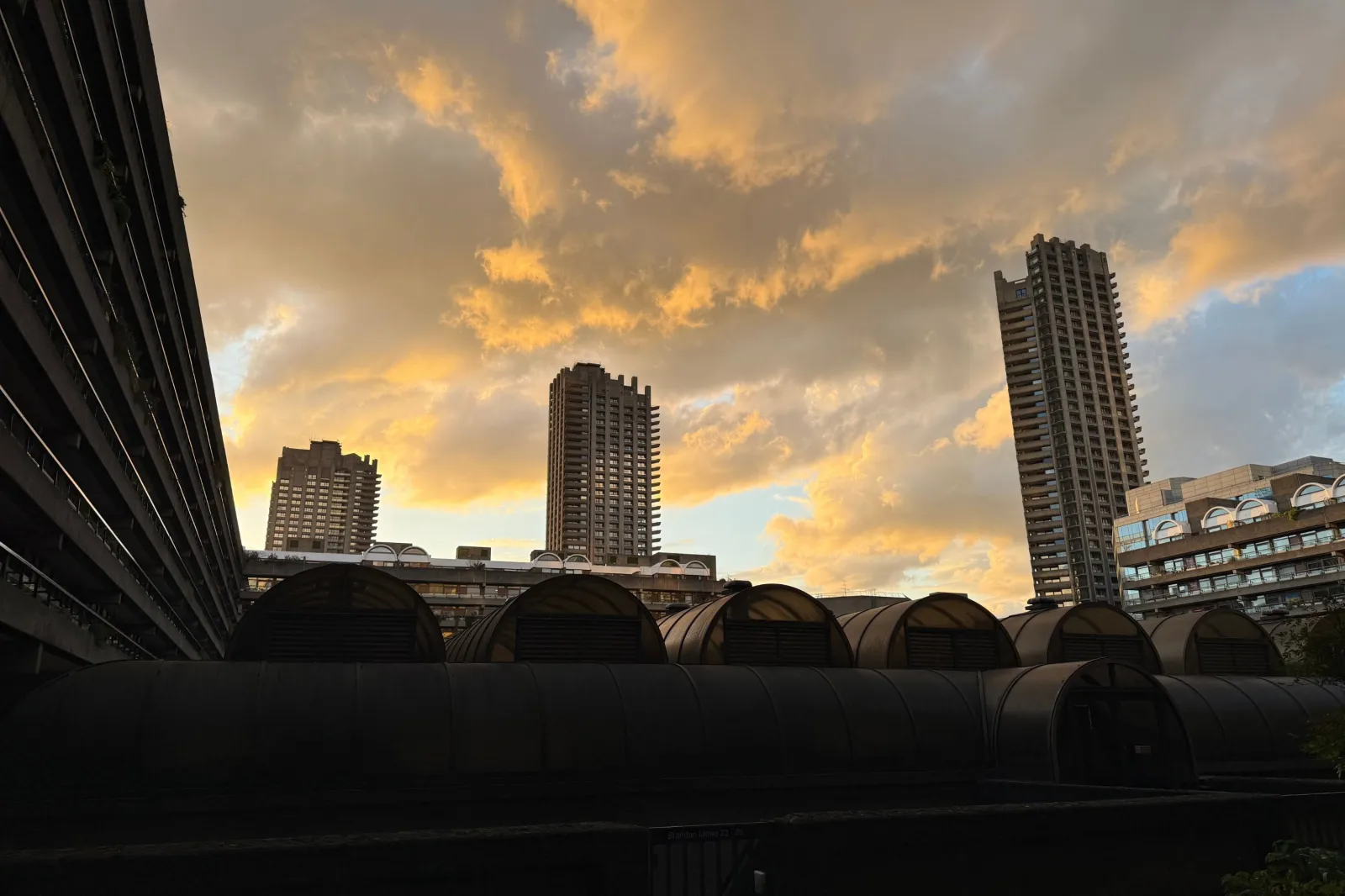 A view of the Barbican at sunset.