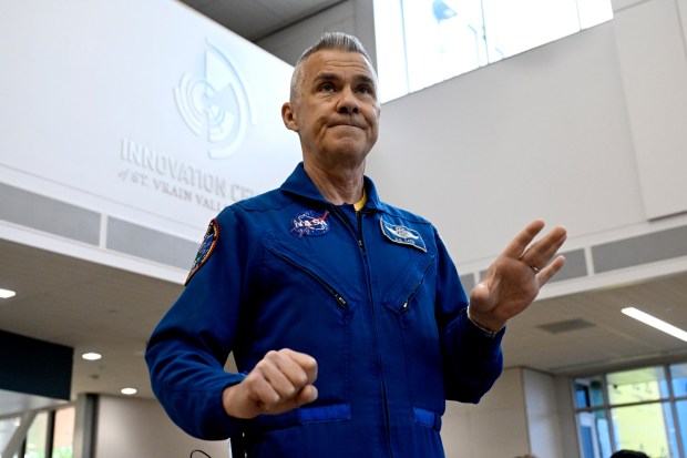 Former astronaut Duane "Digger" Carey is seen during a presentation at the Innovation Center of St. Vrain Valley Schools on Tuesday. (Joel Solis/Staff Photographer)