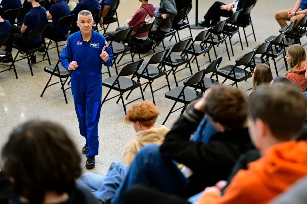 Students listen to former astronaut Duane "Digger" Carey at the Innovation Center of St. Vrain Valley Schools on Tuesday. (Joel Solis/Staff Photographer)