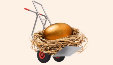 Illustration of a golden egg nest being carried by a dolly.