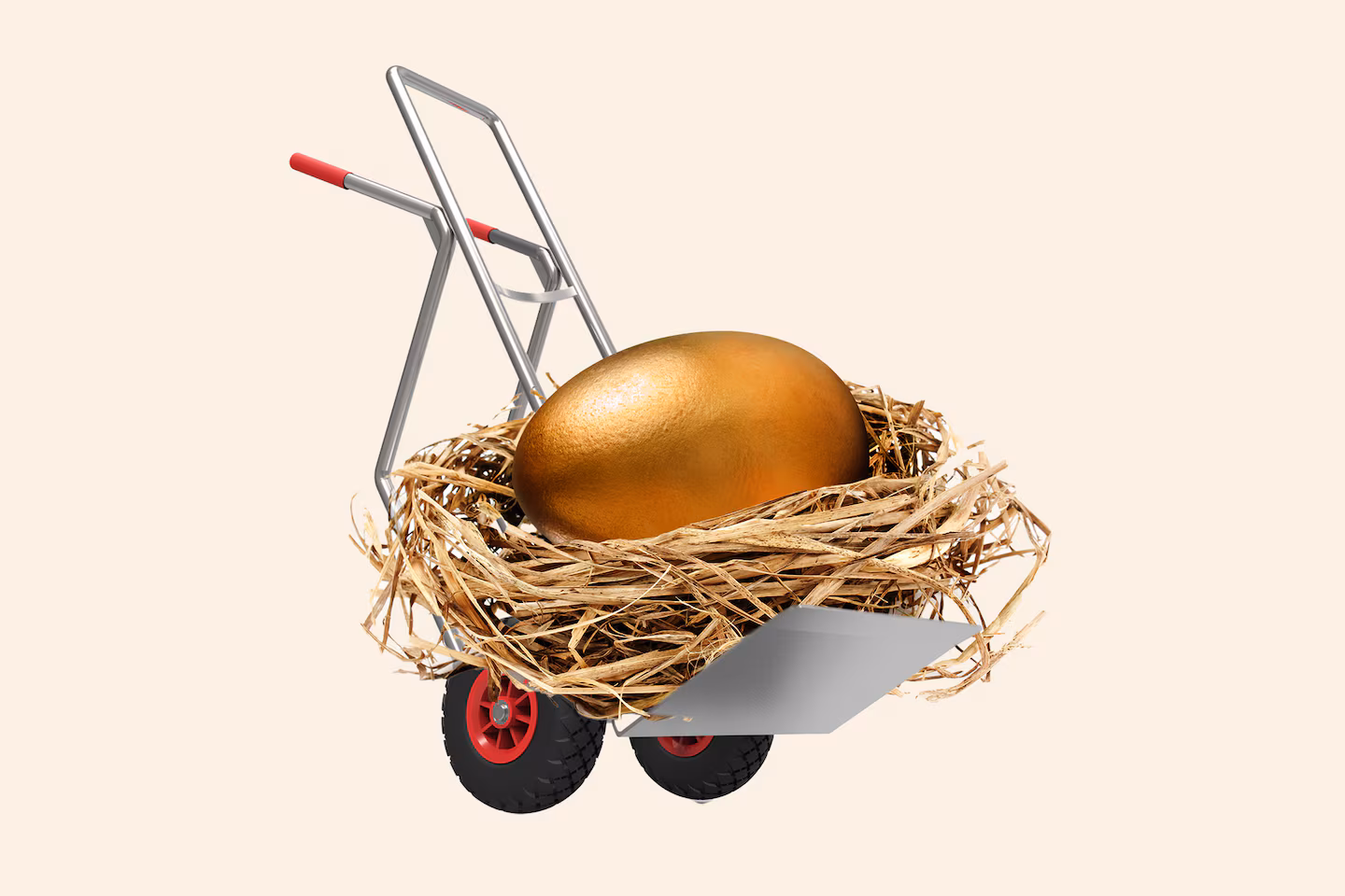 Illustration of a golden egg nest being carried by a dolly.