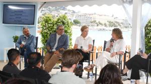 Daniel Battsek, Eugene Hernandez, Julie Huntsinger, Tricia Tuttle and Anne Thompson at the American Pavilion - Day 7 during the 79th Annual Cannes Film Festival on May 18, 2026 in Cannes, France.