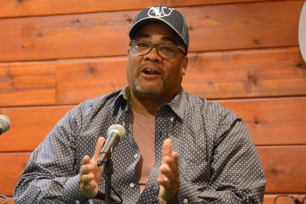 Park Forest native Greg Davis talks about race relations in his community after a screening of "Revisiting Utopia" Saturday at Chicago State University. May 16, 2026. (Jeff Vorva/for the Daily Southtown)