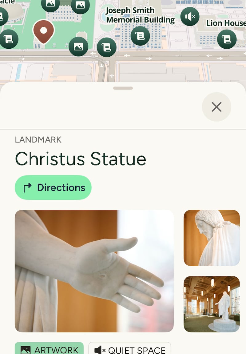 Directions to the Christus Statue on Temple Square in Salt Lake City, Utah, are pictured on the "Map" section of the Temple Square app.
